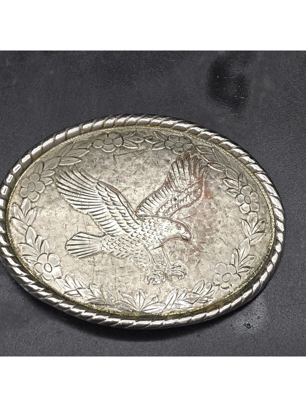 Vintage Circle W Flying Eagle Western Belt Buckle Silver Tone Made in USA Patina